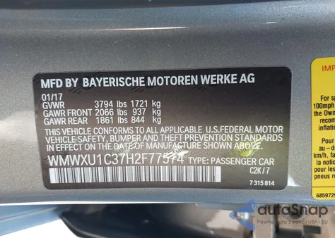 2017 Mini Hardtop Cooper из США, поврежденный, VIN WMWXU1C37H2F77574